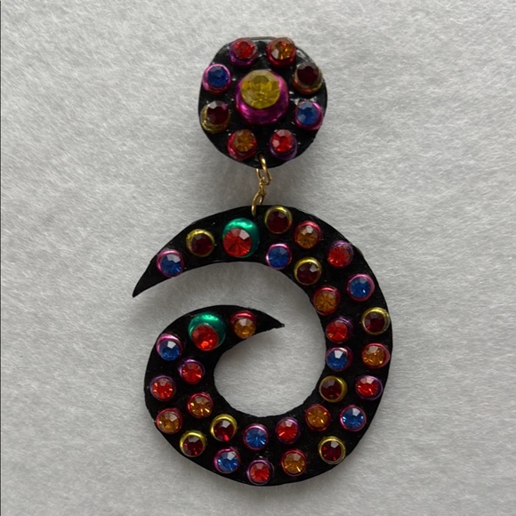 Vintage Patent Leather Rhinestone Multicolor Statement Clip on Dangle Earrings - Picture 2 of 6